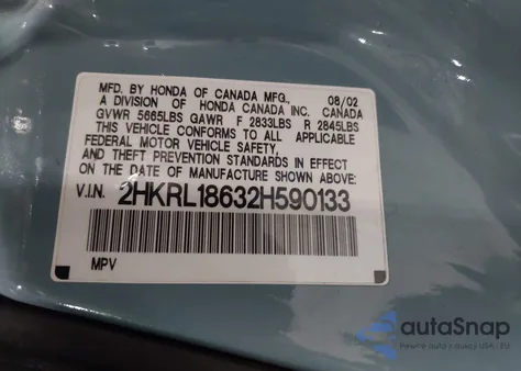 2002 Honda Odyssey Ex z USA, uszkodzony, nr VIN 2HKRL18632H590133